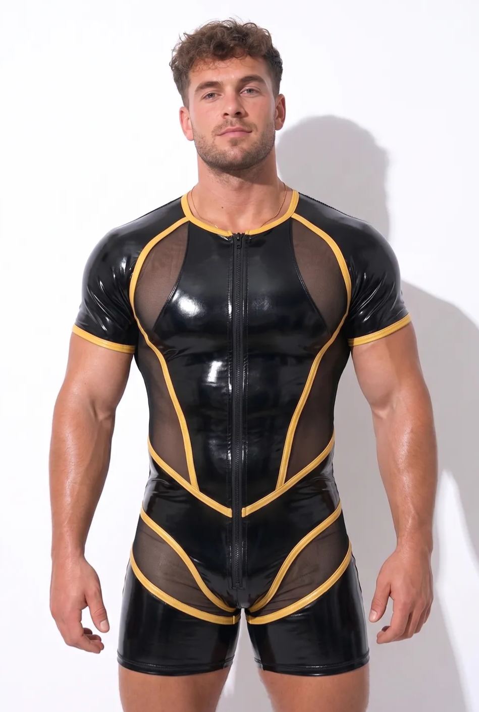 Mysteryglove Black Wet-Look Mesh Bodysuit — Yellow Trim, Front Zip, Diamond Back Panel