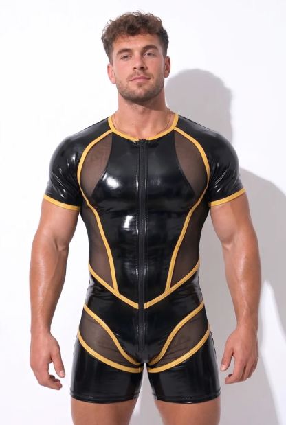 Mysteryglove Black Wet-Look Mesh Bodysuit — Yellow Trim, Front Zip, Diamond Back Panel