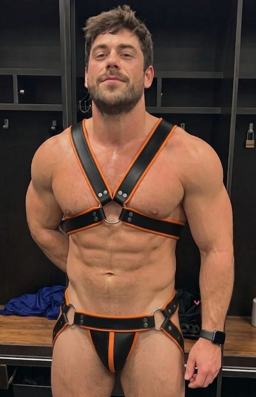 Mysteryglove PU Leather Black & Orange Harness + Jockstrap Set – Ring-Detail, Bold Contrast