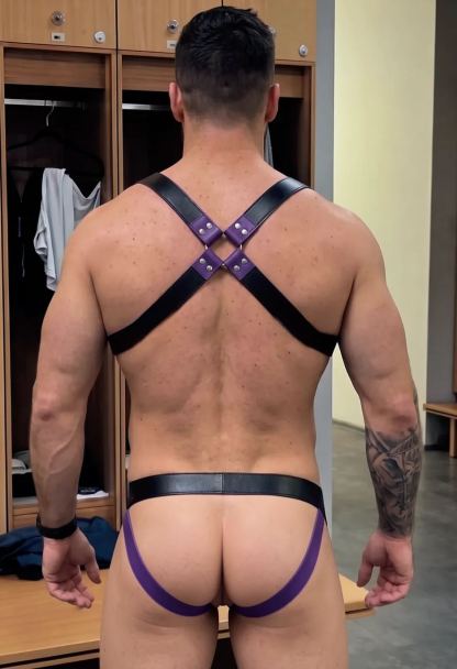 Mysteryglove PU Leather Purple/Black Harness & Jockstrap Set – Open-Back Cheeky Cut