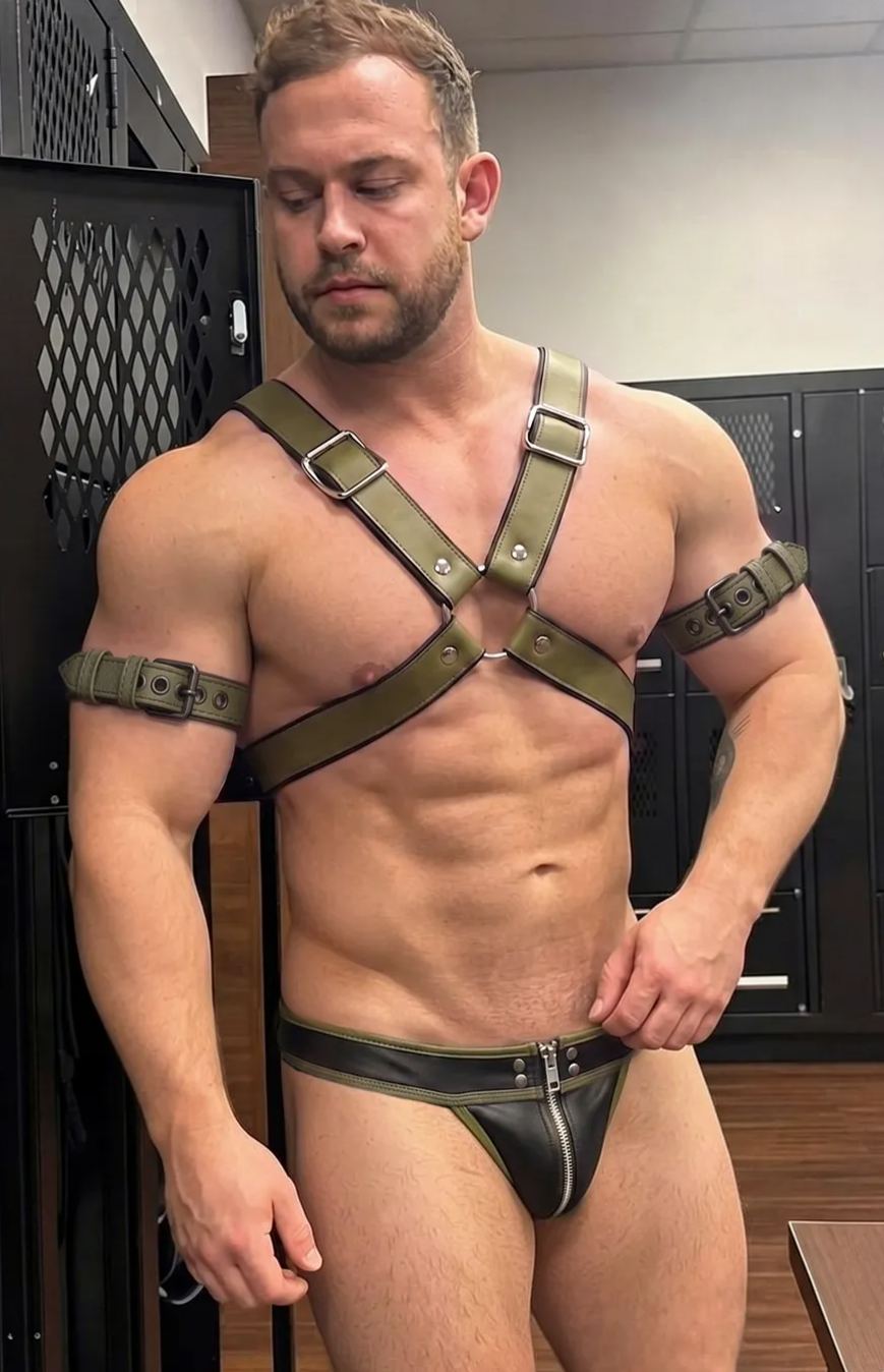 Mysteryglove Army Green PU Leather X-Chest Harness & Zipper Jockstrap Set (No Armbands)