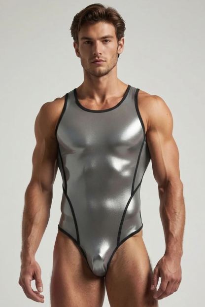 Mysteryglove Metallic Silver Bodysuit Leotard with Black Contrast Trim