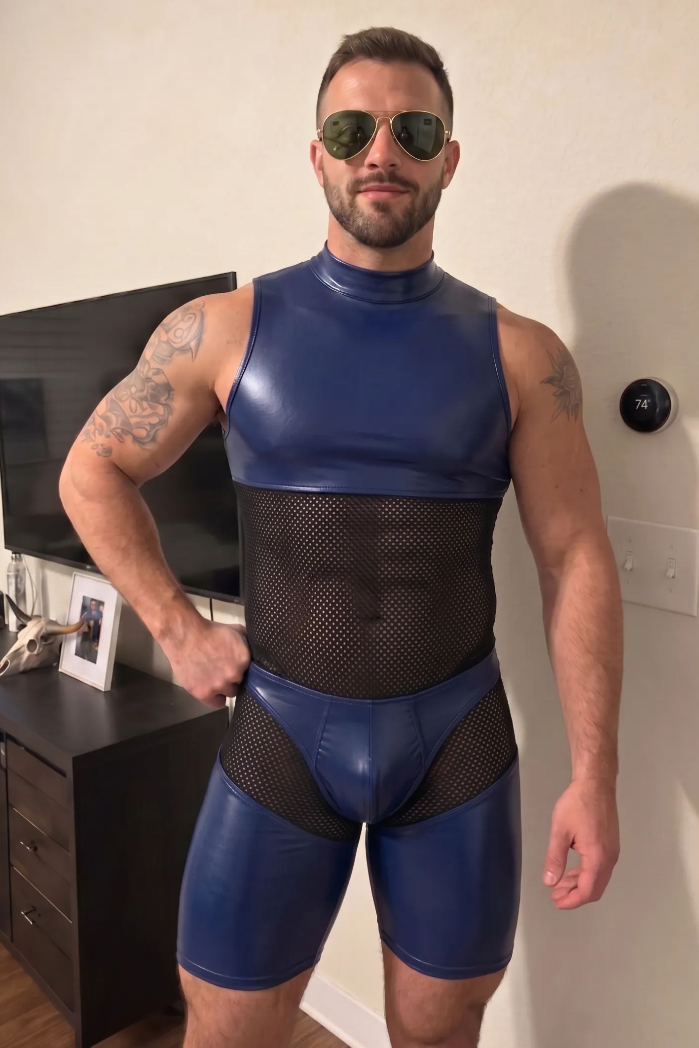 Mysteryglove Blue PU Leather & Mesh One-Piece Bodysuit, High Neck with Full Back Zipper