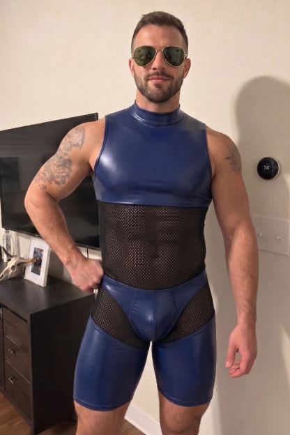 Mysteryglove Blue PU Leather & Mesh One-Piece Bodysuit, High Neck with Full Back Zipper