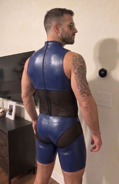 Mysteryglove Blue PU Leather & Mesh One-Piece Bodysuit, High Neck with Full Back Zipper