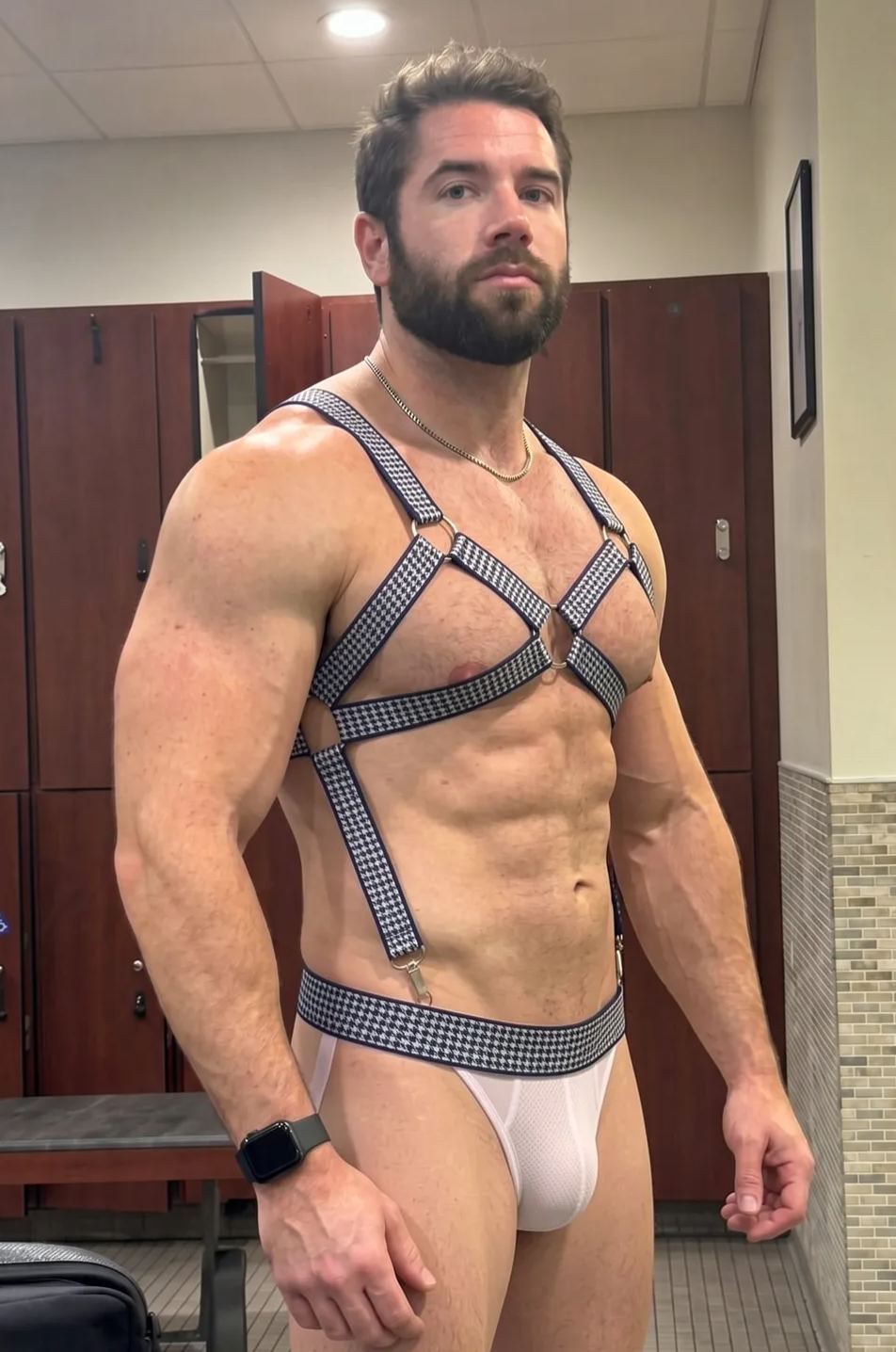 Mysteryglove Gingham Harness Jockstrap Set, X-Back O-Ring Straps + White Mesh Pouch + Open-Seat Back