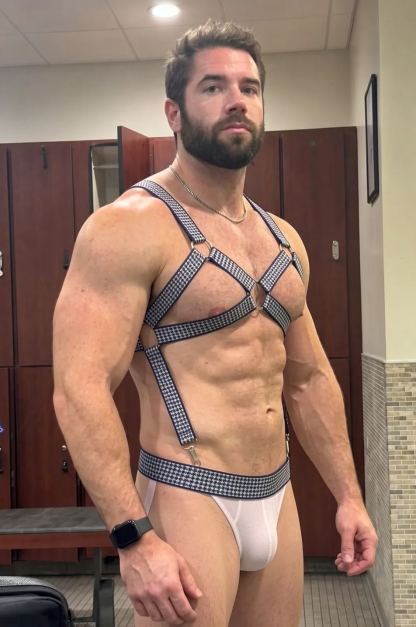 Mysteryglove Gingham Harness Jockstrap Set, X-Back O-Ring Straps + White Mesh Pouch + Open-Seat Back