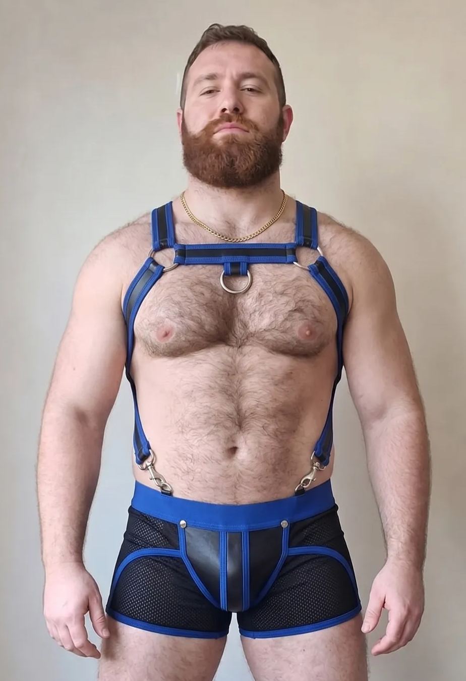 Mysteryglove Men's Blue Trim PU Leather Chest Harness with Mesh Jock Strap
