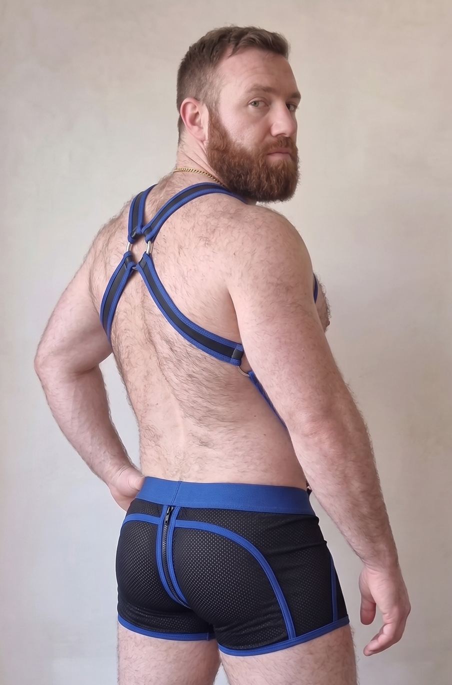 Mysteryglove Men's Blue Trim PU Leather Chest Harness with Mesh Jock Strap