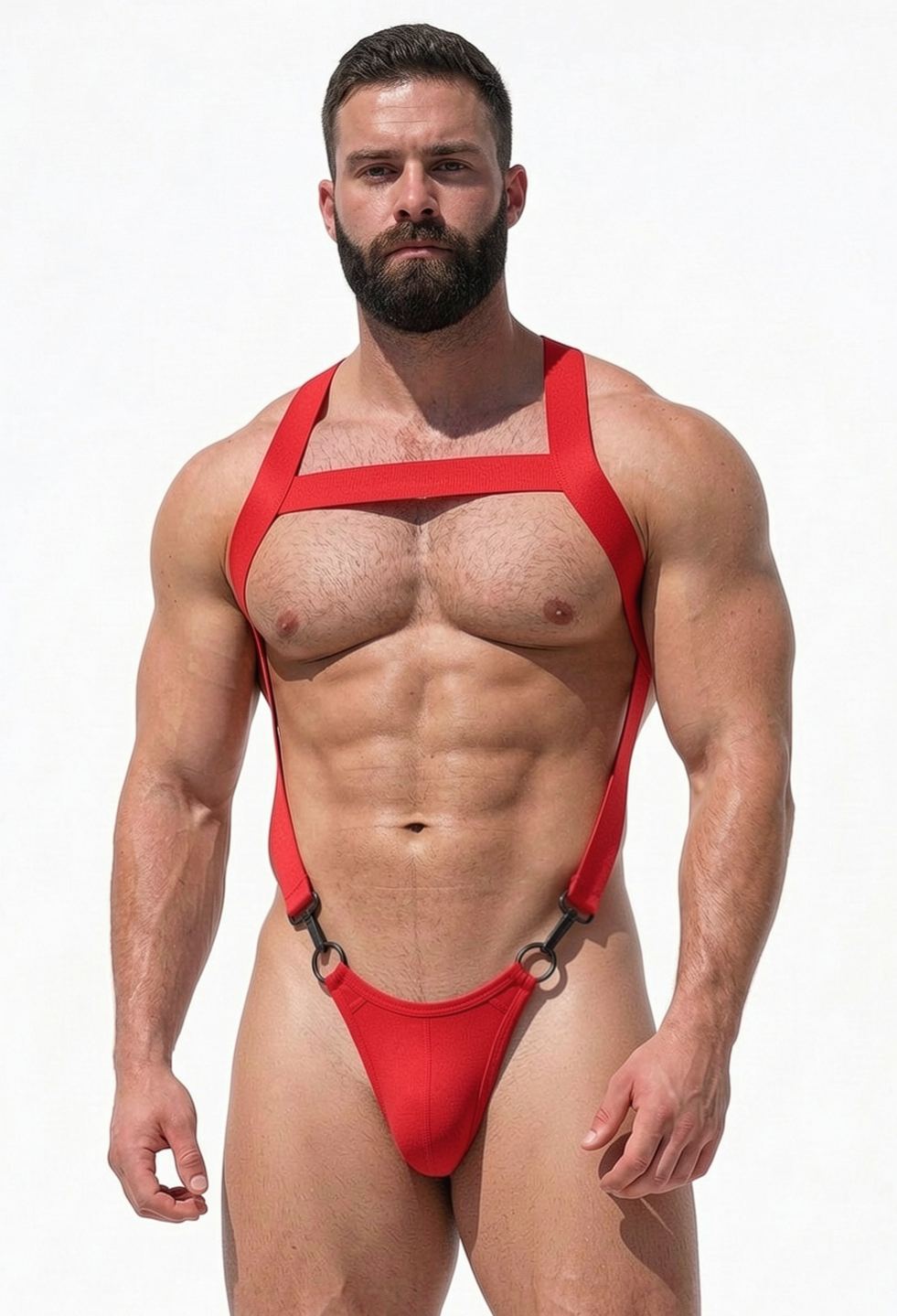 Mysteryglove Men's Red Elastic Webbing Harness Jockstrap Set — X-Back Chest Structure + O-Ring Connection for Club & Pride Wear