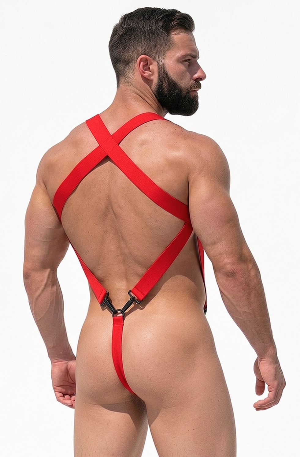 Mysteryglove Men's Red Elastic Webbing Harness Jockstrap Set — X-Back Chest Structure + O-Ring Connection for Club & Pride Wear