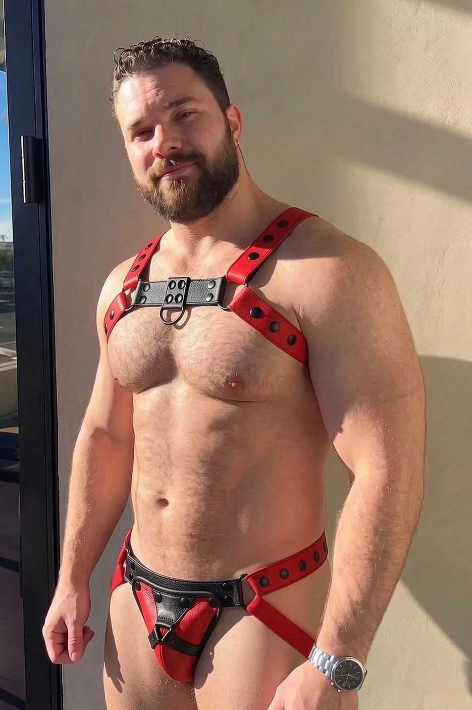 Mysteryglove Red PU Leather Harness Set — Studded Chest Strap Structure + Open Back Jockstrap Design for Club & Fetish Wear
