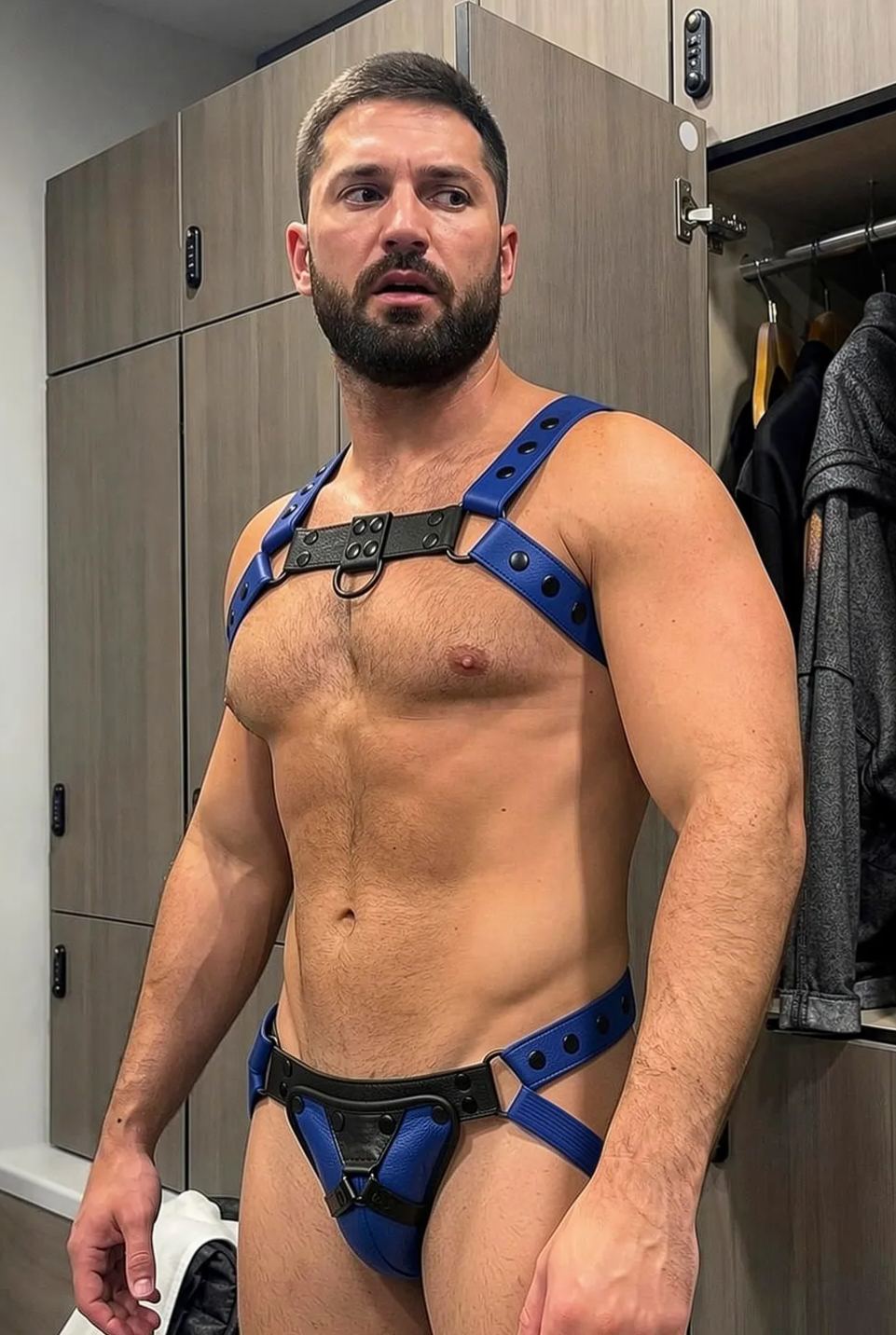 Mysteryglove Blue PU Leather Harness Set — Studded Chest Strap Structure