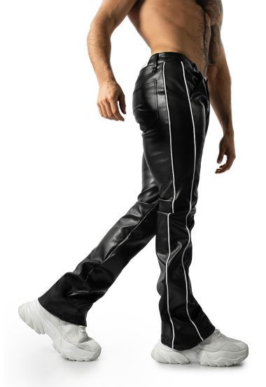 Pleather Flare Pants with Stacked Leg and Side Stripe Pu