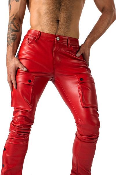 Mysteryglove Men's Red PU Leather Cargo Pants – Bold & Street-Ready Style