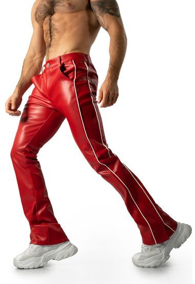 Pleather Flare Pants with Stacked Leg and Side Stripe Pu