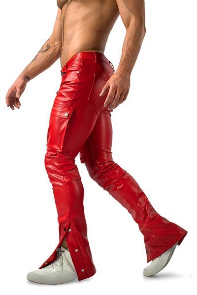 Mysteryglove Men's Red PU Leather Cargo Pants – Bold & Street-Ready Style