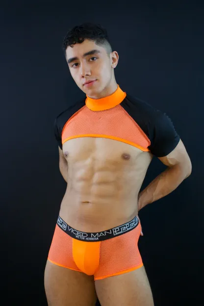 Neon Orange Mesh Crop Top and Boxer Brief Set