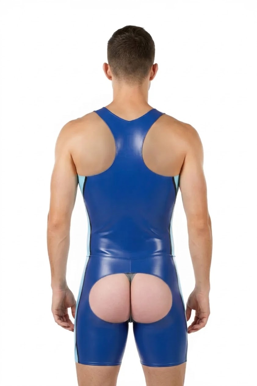 Mysteryglove PU Leather Bodysuit with Unique Back Cutout - Blue and Light Blue