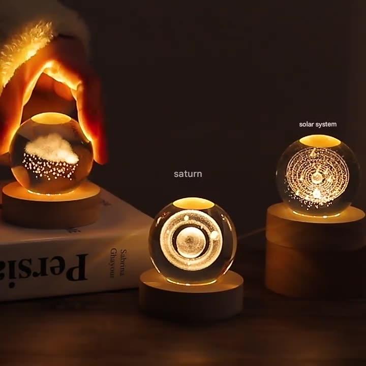 Luminous solar system crystal ball with inner carving desktop night light ornament glass ball decoration