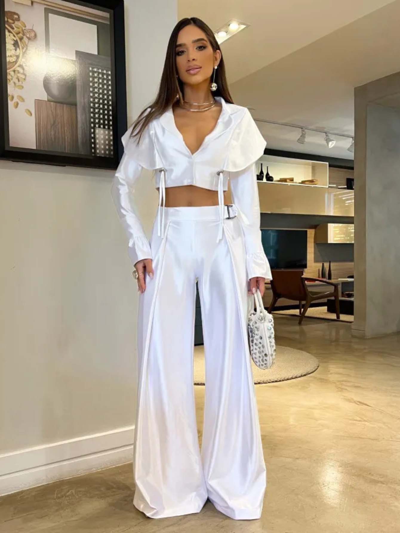 Sexy Solid Color Hollow Out Off Shoulder Long Sleeve Two Pieces