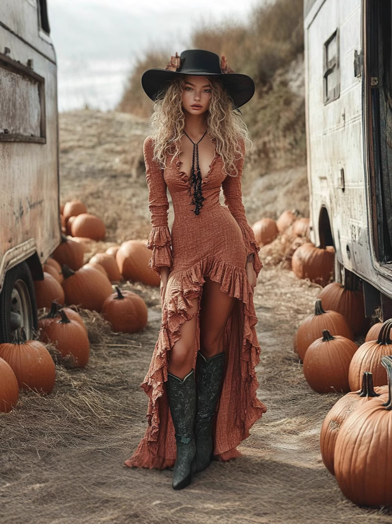 Women's Retro Halloween Linen Solid Color Style Long-sleeve Maxi Long Dress