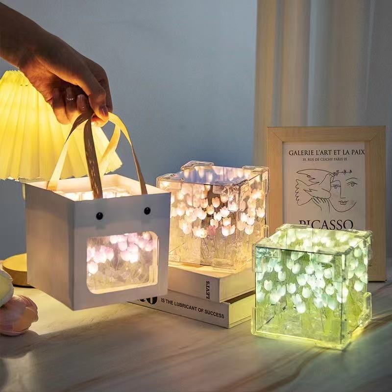 Magic Cube Tulip Flower Sea Night Light Handmade DIY Material Mirror Bouquet Gift Girl Birthday Gift Couple