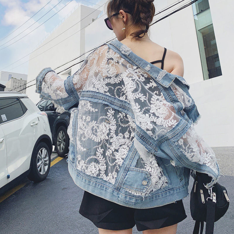 Spring and summer mesh embroidery hole women's new denim loose jacket women's long-sleeved lace splicing sun protection top
