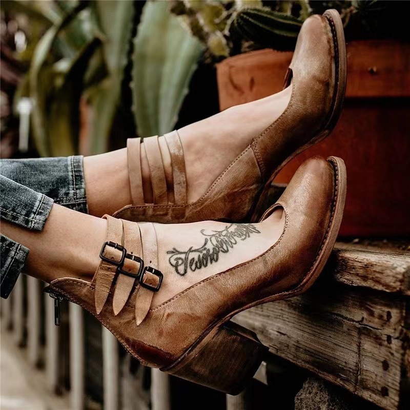 Cross-Border Foreign Trade New 2023 Amazon Independent Station Rear Zipper Thick Heel High Heel Square Heel Shallow Mouth Button Women'S Single Shoes