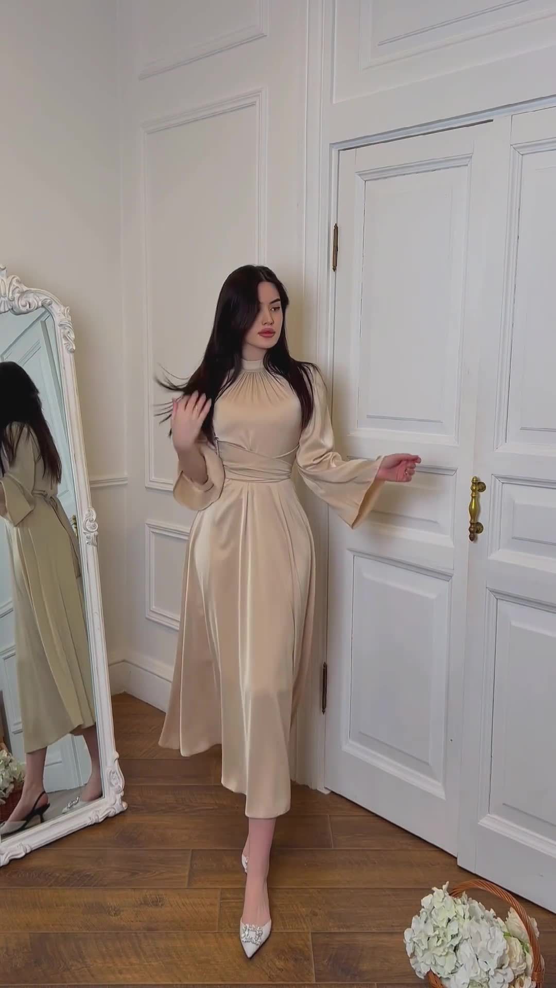 Spring new style strappy solid color satin princess style waist slimming dress