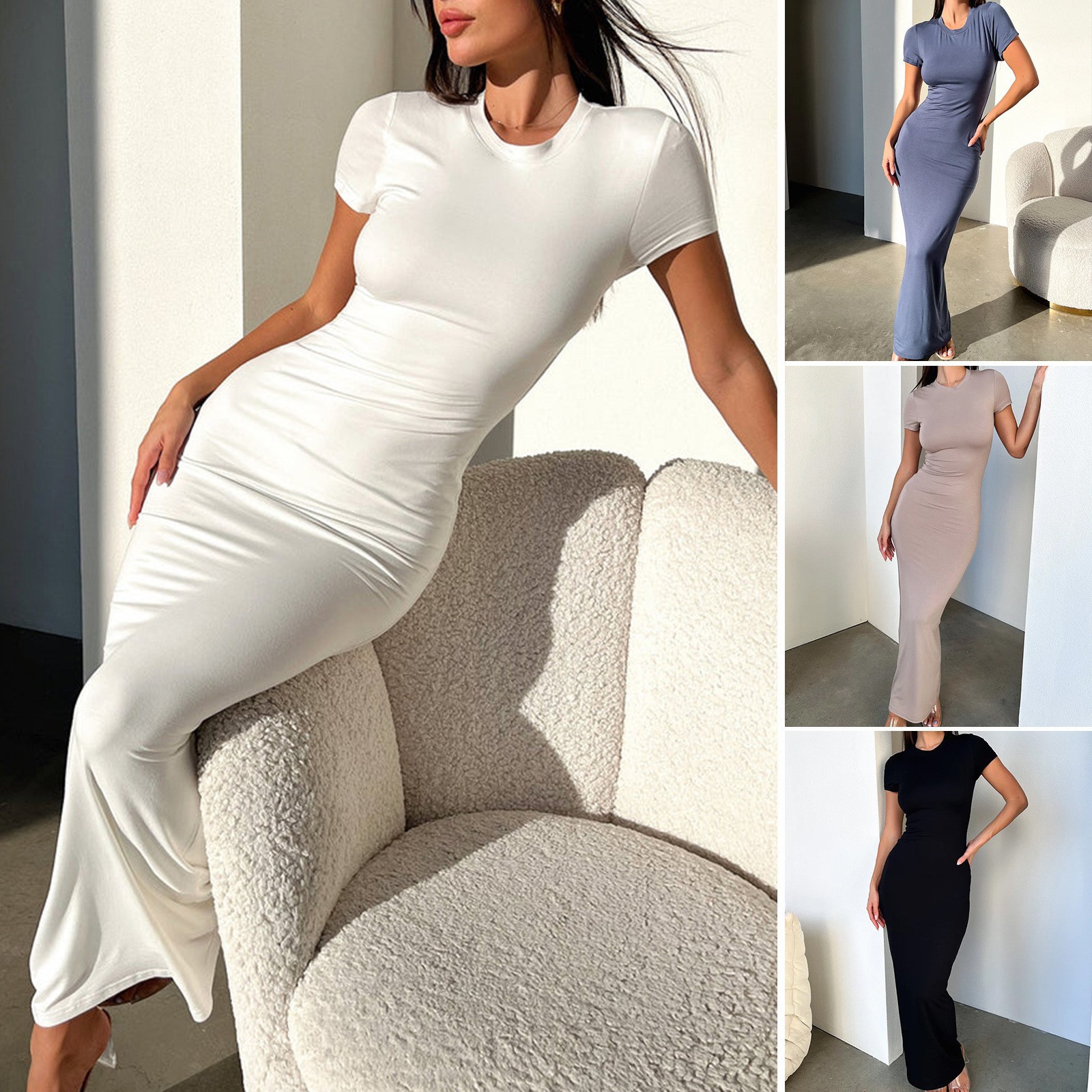 Pure color temperament high elastic slim sexy short sleeve long skirt