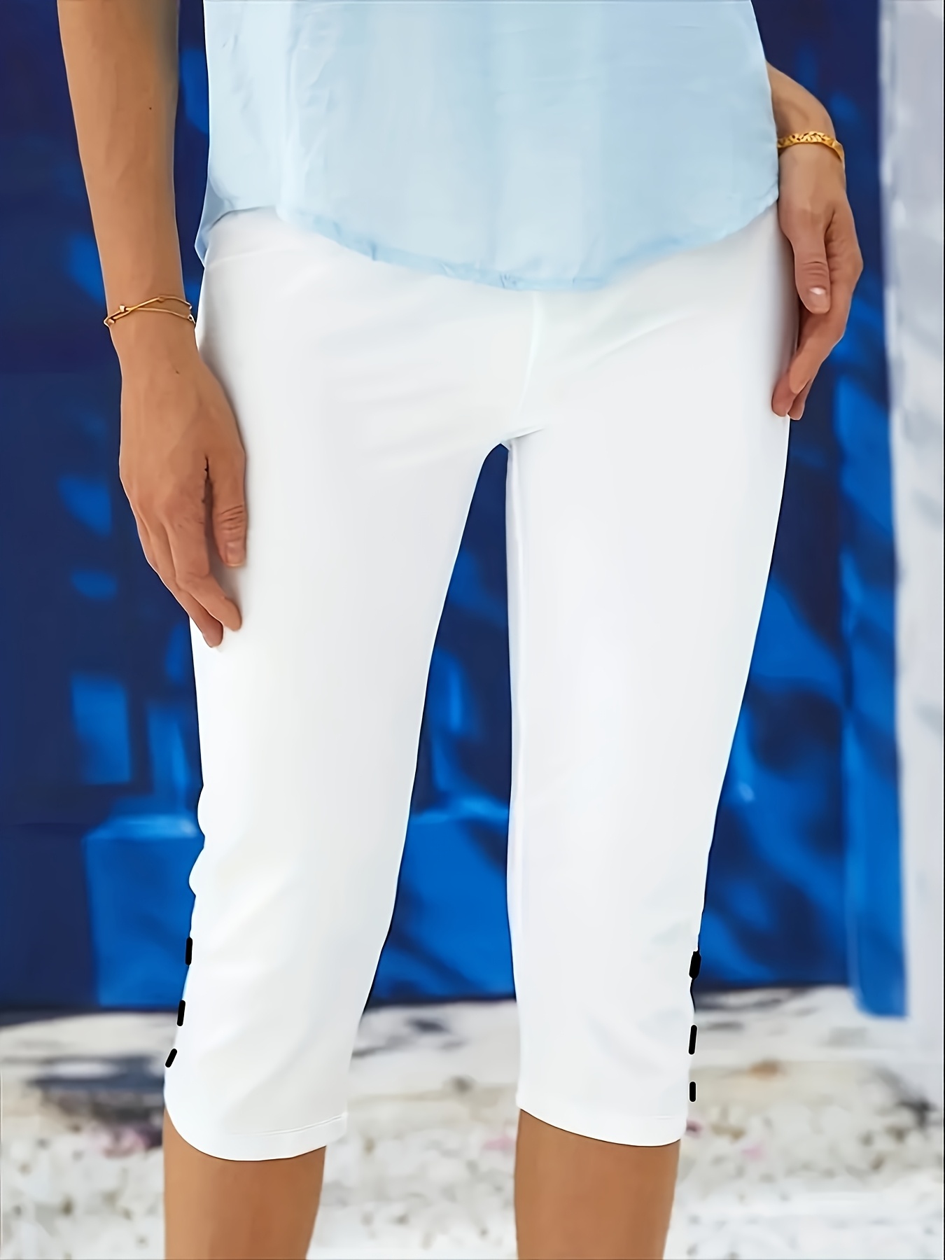 Women's Stretchy Capri Pants - 95% Polyester 5% Spandex Blend, Elastic Waist with Button Accents, Mid-Stretch Knit Fabric, All-Season Casual & Formal Wear, Machine Washable