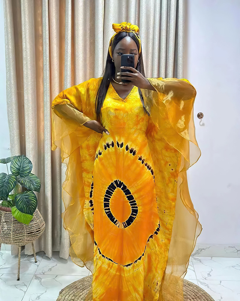 Ethnic retro long robe mesh print headscarf dress