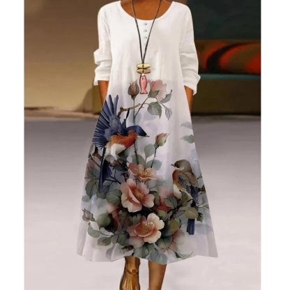 Plus Size Casual Dress, Women's Plus Painting Print Button Decor Half Sleeve Round Neck Maxi Dress