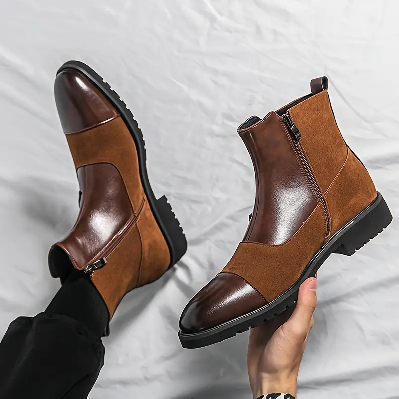 mens stylish cap toe high top boots windproof anti skid side zippered boots with buckles decor for business office fall and winter men s shoes temu details 2