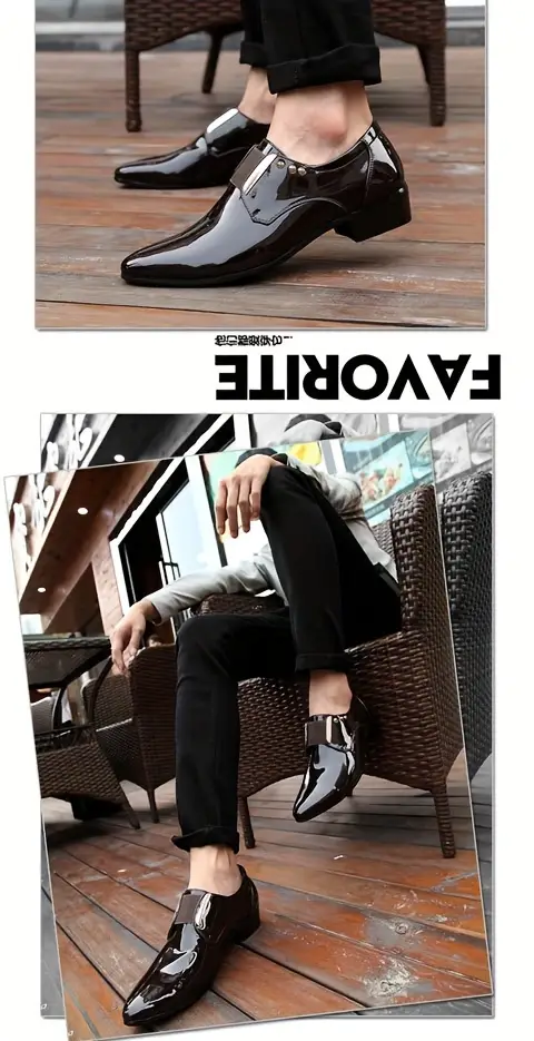 Mens Solid Colour Trendy Faux Patent Leather Upper Slip On Dress Shoes Elegant Comfy Non Slip Rubber Sole Low Heel Dance Shoes Mens Footwear Men s Shoes Temu details 1