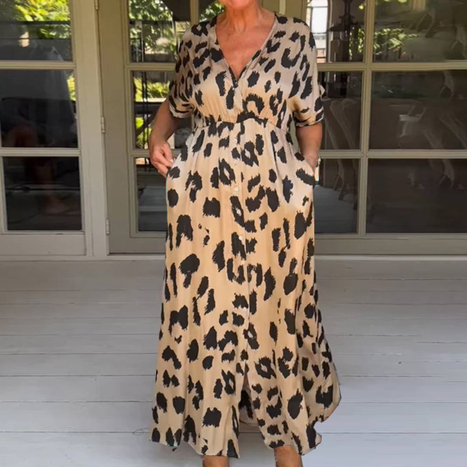Women's Summer Maxi Dress Casual Short Sleeve Leopard Print V Neck Long Front Slit Dresses with Pocket