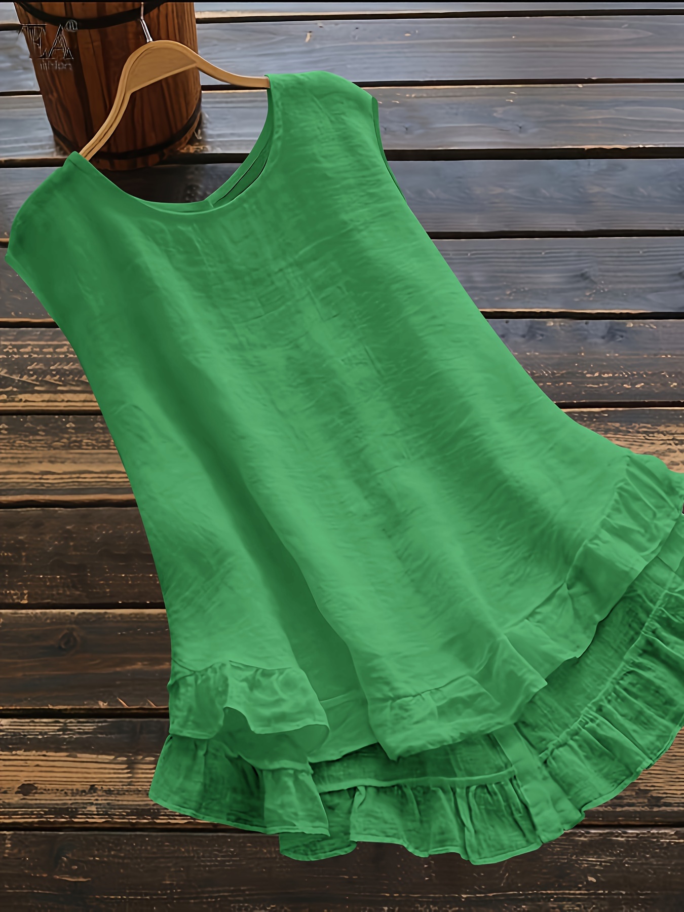Solid Color Elegant Crew Neck Ruffle Trim Sleeveless Blouse, Women's Clothing