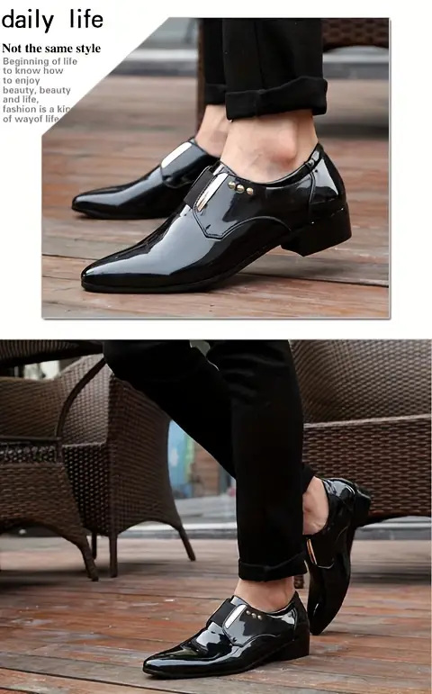 Mens Solid Colour Trendy Faux Patent Leather Upper Slip On Dress Shoes Elegant Comfy Non Slip Rubber Sole Low Heel Dance Shoes Mens Footwear Men s Shoes Temu details 3
