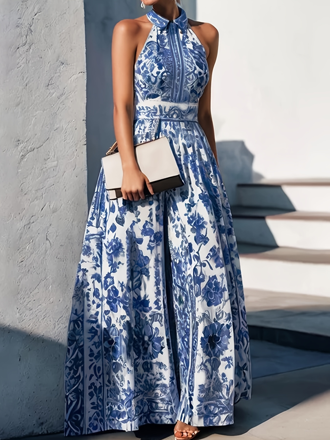 Elegant French-Style Floral Print Halter Neck Dress for Women - High Waist A-Line Spring