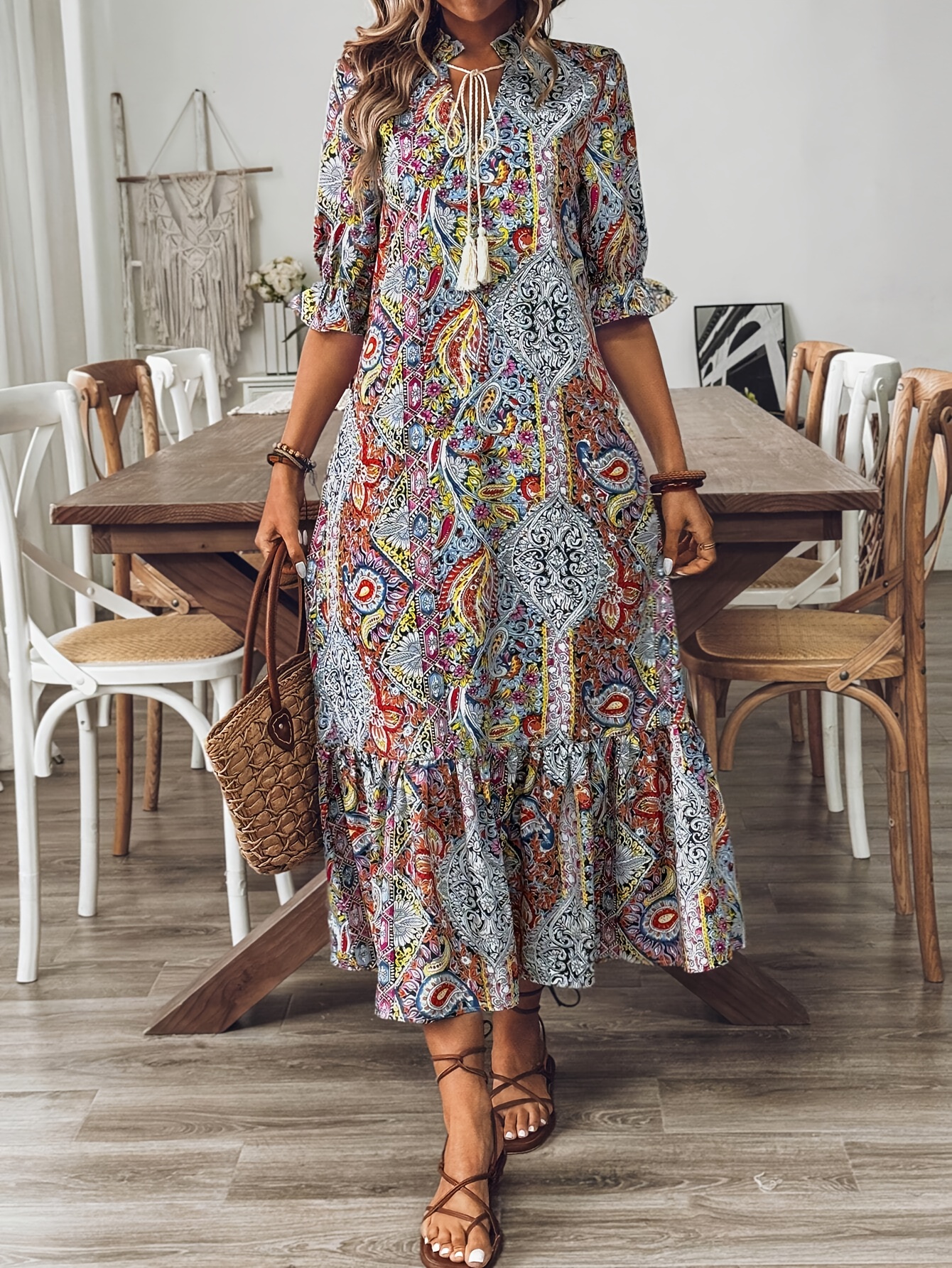 Elegant Boho Paisley Print Midi Dress for Women - V-Neck, Half Sleeve, Non-Stretch Polyester, Machine Washable - Perfect for Spring & Fall
