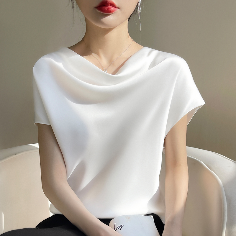 Silk Women's Crew Neck Tees Casual Solid Color Bottom T-Shirt Loose Female Tops