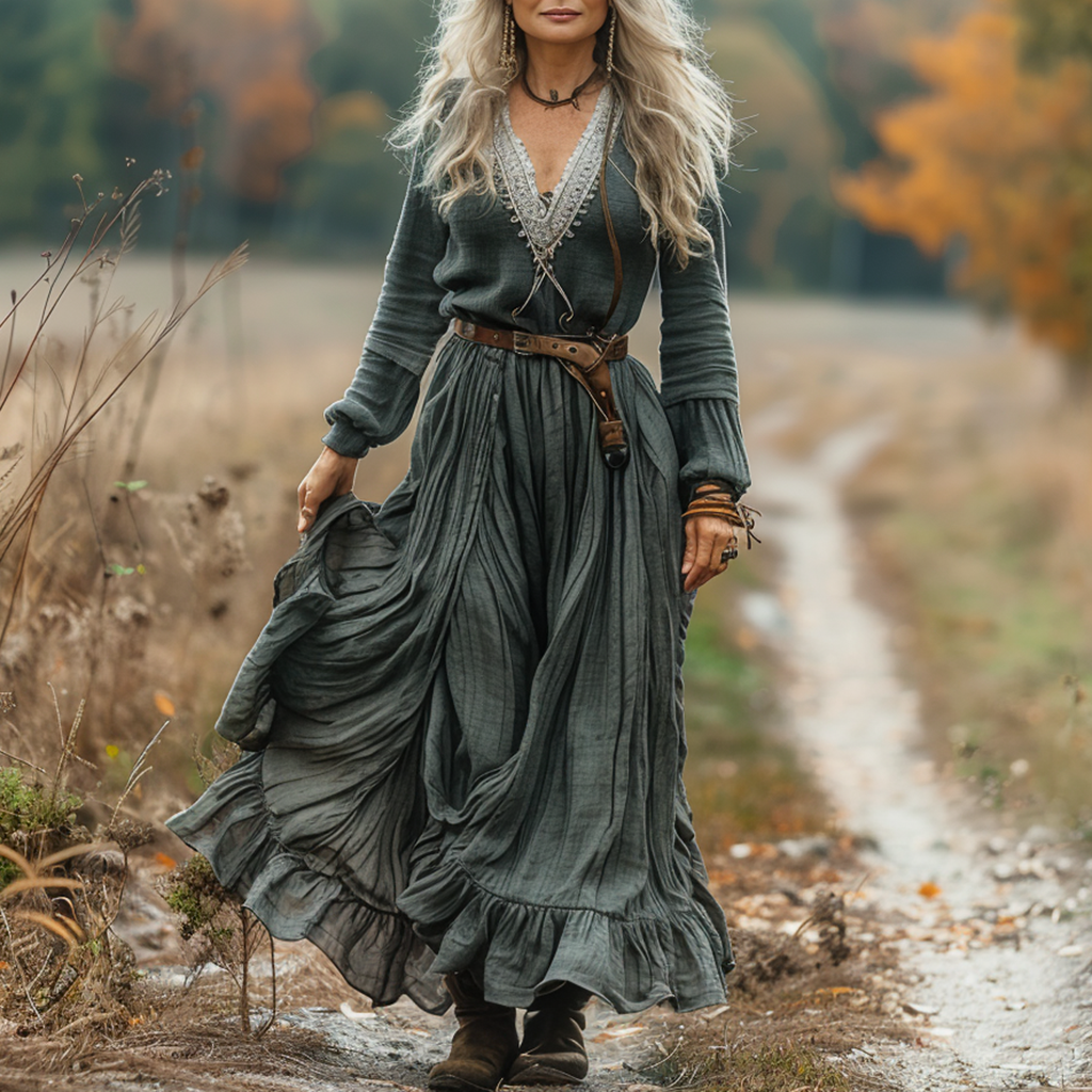 Women's Vintage Pastoral Style V-neck Linen Long-sleeve Maxi Long Dress