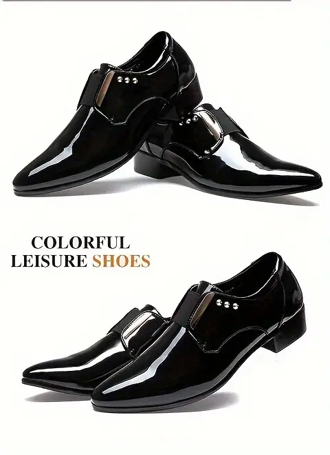Mens Solid Colour Trendy Faux Patent Leather Upper Slip On Dress Shoes Elegant Comfy Non Slip Rubber Sole Low Heel Dance Shoes Mens Footwear Men s Shoes Temu details 4