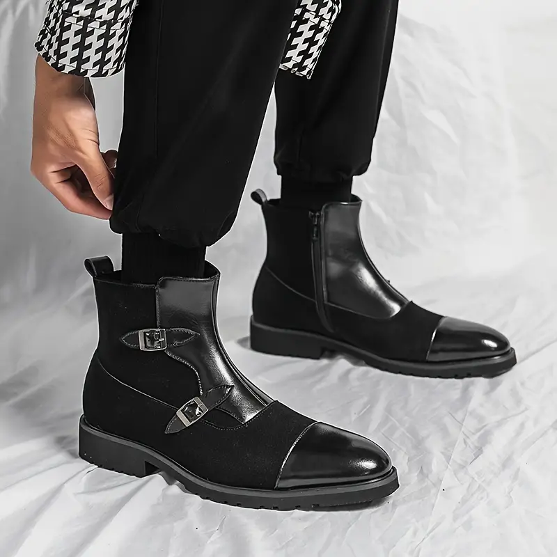 mens stylish cap toe high top boots windproof anti skid side zippered boots with buckles decor for business office fall and winter men s shoes temu details 1