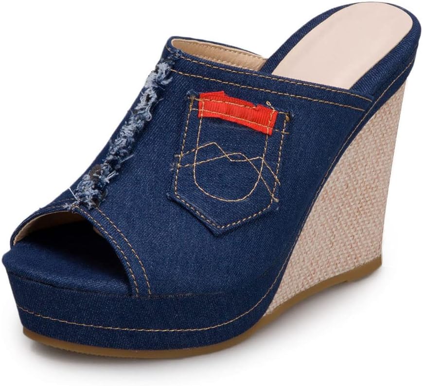 Denim Platform Wedges Women's Sandals Comfortable Fish Mouth Flat-Heeled Thick Bottom Anti-Slip Slippers Open Toe Arch Support Indoor Outdoor Beach Shoes