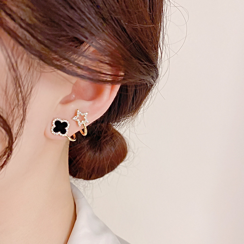 s925 silver needle black four-leaf clover fashionable and simple earrings