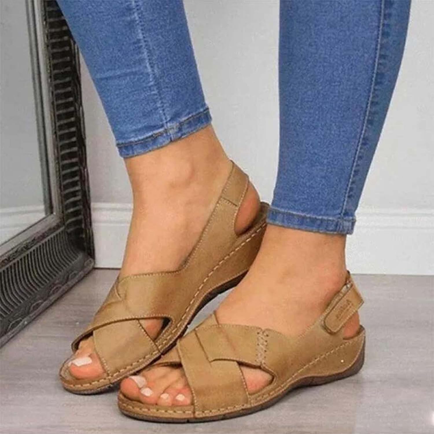 Women Orthopedic Sandals Low Wedge Sandals Summer Open Toe Ankle Strap Sandals with Arch Support Fish Mouth Sandals Comfy Beach Walking Shoes,Gray,US10/EU41