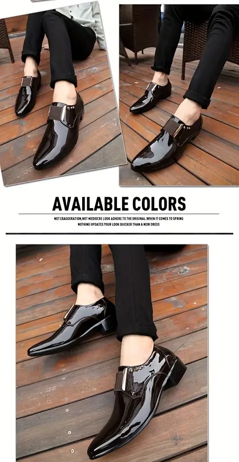 Mens Solid Colour Trendy Faux Patent Leather Upper Slip On Dress Shoes Elegant Comfy Non Slip Rubber Sole Low Heel Dance Shoes Mens Footwear Men s Shoes Temu details 2