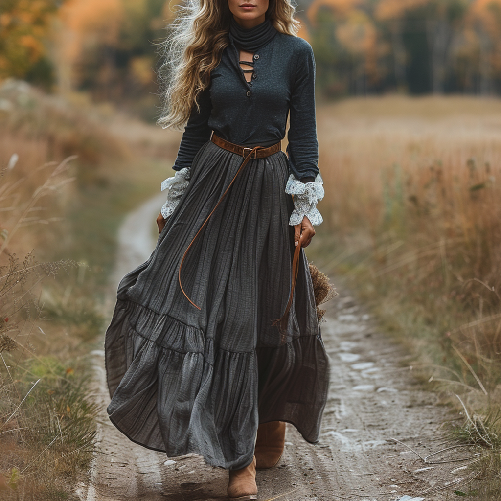 Women's Vintage Paneled Linen Long-sleeve Maxi Long Dress